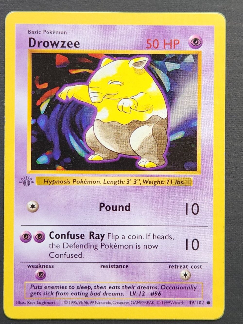 1st Edition Shadowless Drowzee 49/102 Base Set 1999 WOTC Vintage TCG LP